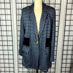 Cabi Blue Checkup Blazer, size XXL, blue check cotton knit, wide rib wasteband